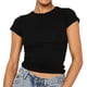 thumbnail image 2 of Camiseta negra ajustada de manga corta para mujer, cuello redondo, estilo casual de color puro, talla S Summer Chic, 2 of 7