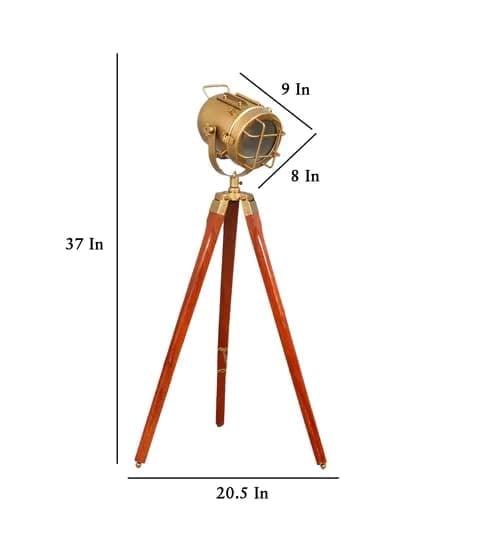 Antique Brass Nautical Searchlight Floor Lamp with Wooden Tripod Stand – Adjustable Height Metal Spotlight for Living Room, Bedroom, Office & Home Décor