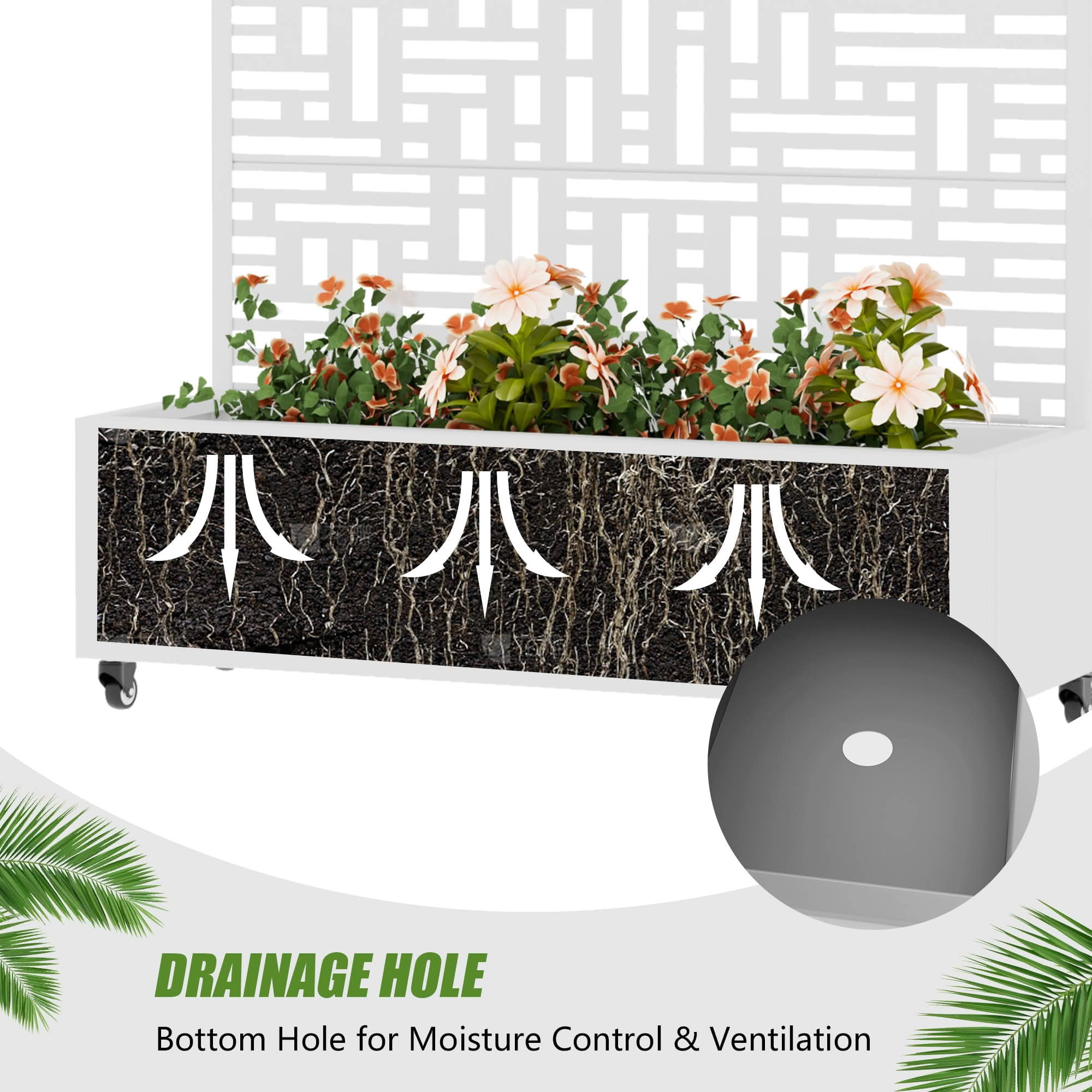 MAYEERTY 72X47" Metal Outdoor White Privacy Screen with Planter Box for Backyard & Garden, 5 Piece Set
