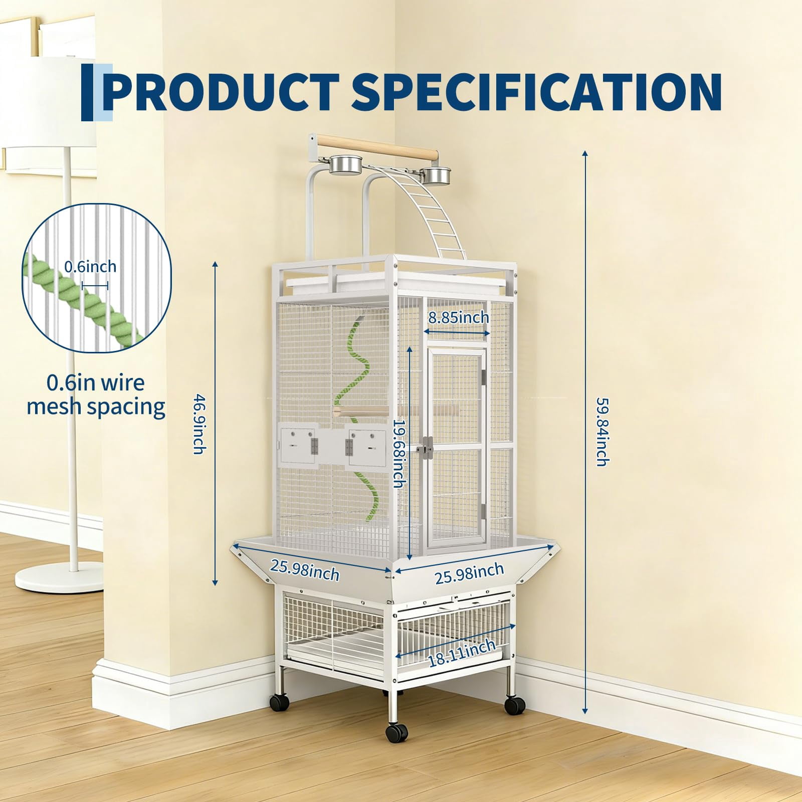 60" Large White Wrought Iron Bird Cage, Indoor Parakeet Cage with Playtop, Bird Rope Perche, Heavy Duty Wrought Iron Bird Cage on Wheels for Parrots, Parakeets, Cockatiels, Conures