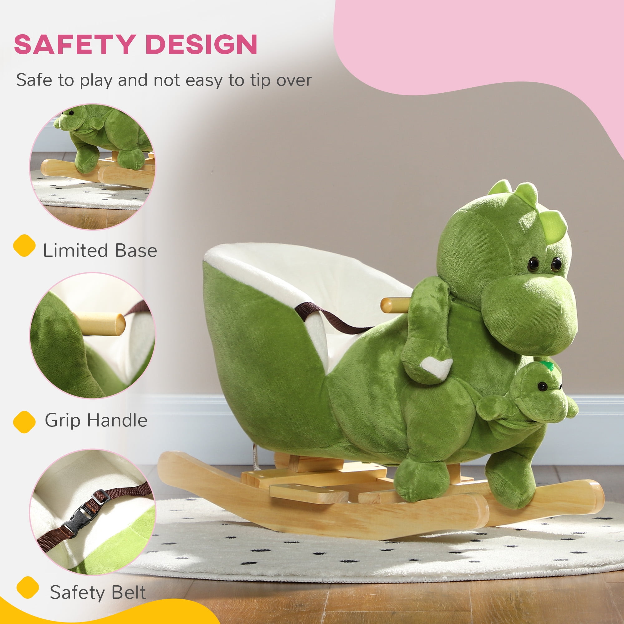 Qaba Baby Rocking Horse, Toddler Plush Dinosaur Animal Rocker with Seat Belt, 32 Songs, Hand Puppet, Rocking Chair for 18-36 Months, Green
