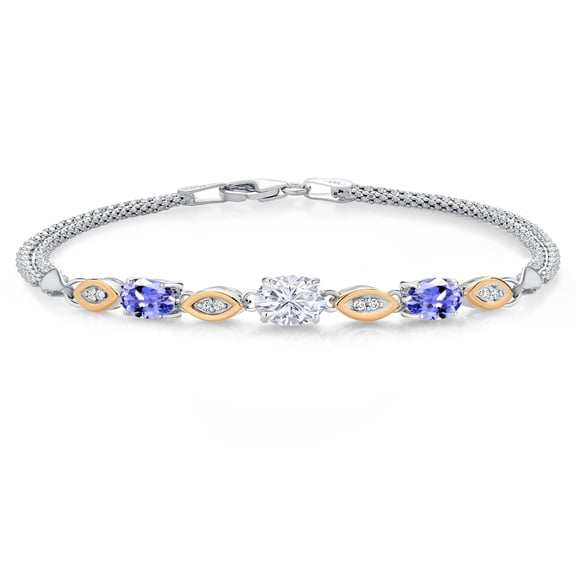 Gem Stone King 925 Silver and 10K Yellow Gold White Moissanite and Blue Tanzanite and White Lab Grown Diamond Bracelet for Women (1.86 Cttw, Gemstone, Oval, Wheat Chain, 6.5 inches)