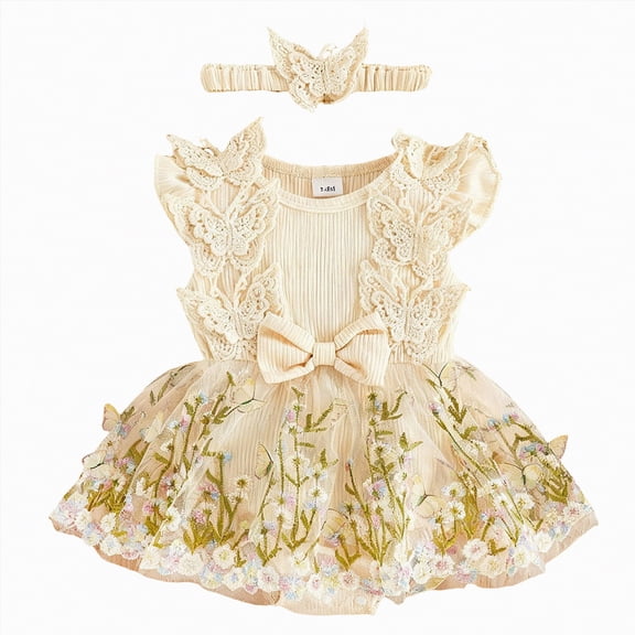 OYXSER Baby Girl Clothes Floral Summer Outfits Ruffle Sleeve Romper Dress with Headband Newborn Infant Summer Cute Outfit, Beige 6-9M