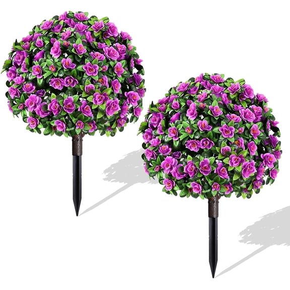Yastouay 2 Pack Artificial Flowers Topiary with Ground Spikes Fake Bushes UV Resistant Faux Shrubs for Outdoor Garden Decor(Purple)