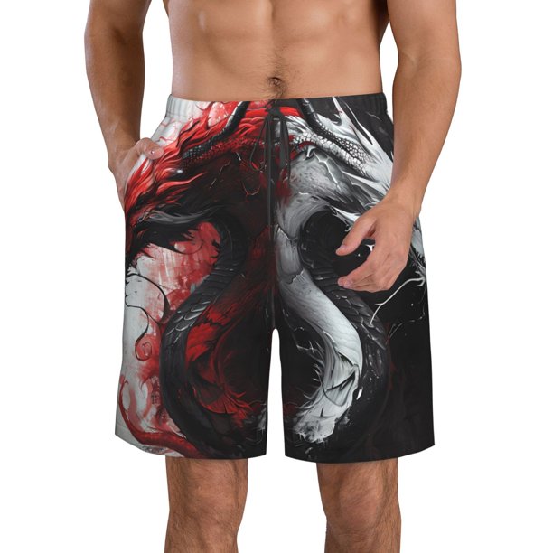 Fotbe Cool Black And White Dragon Trajes de Baño Estampados para Hombre, Shorts de Verano de Secado Rápido, Ropa de Playa, Bañadores-XX-Large