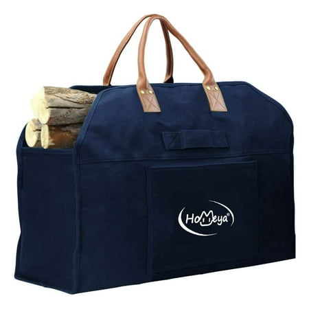 Outdoor Firewood Log Carrier Waxed Canvas Firewood Tote Fire Wood Bag with Leather Handle, Heavy Duty Fireplace Wood Holder Stove Accessories Fireside Storage Bag for Pit Camping Indoor Hearth