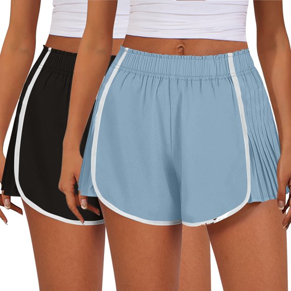 Qulqfy Elastic Waist Running Shorts High Waisted 2-Piece Athletic Pleats Pockets Loose Ruffle Bow Fitness Women Shorts