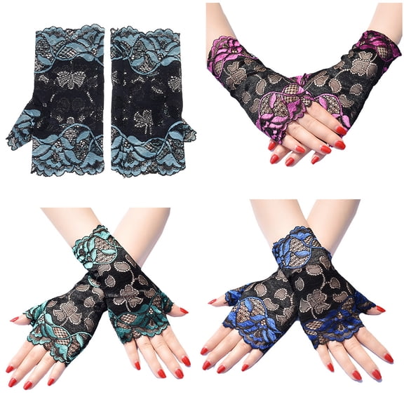 Yauxim Half-Finger Gloves Women Thin Sunscreen Fingerless Gloves Hollowout Floral Lace Contrast Color Dancing Party Driving Mittens