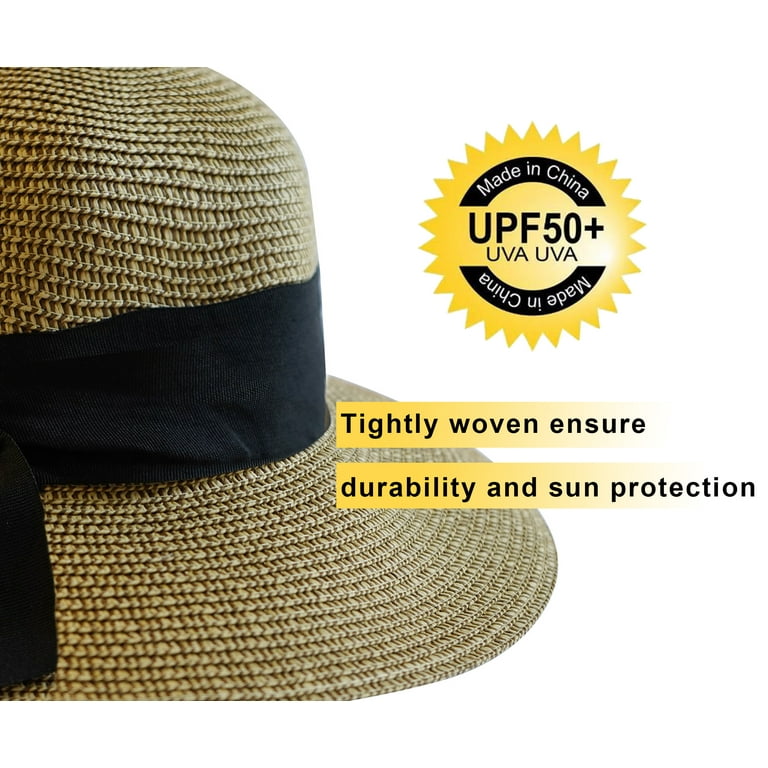 Women'S Sun Hats UV Protection Large Wide Brim Hat Women Packable Sun Hat  for Women Straw Hats with Bow Tie Womens Beach Hat Womens Sun Hat,Dark Brown