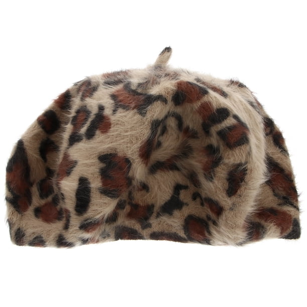 Boina de pelo de conejo para mujer, gorro con estampado de leopardo para otoño e invierno