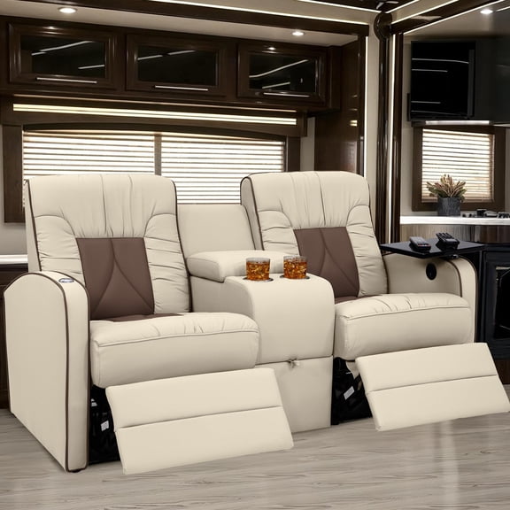 Qualitex De Leon RV Loveseat w/Storage Console, Ultimate Leather, Manual Recline, Bisque & Light Antelope