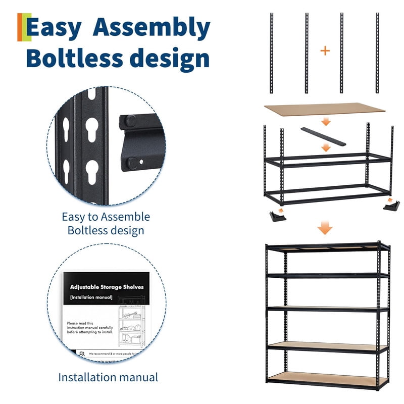 KOKEBREN 60"Wx24"Dx72"H Garage Storage Shelves 5 TierS Heavy Duty Storage Shelving Racks 3000 Lbs Capacity,Metal Adjustable Shelving Unit