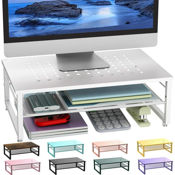 2-Tier Metal Monitor Stand Riser, Workspace Organizer with Desk Accessories, Office Storage for Supplies (Pink)