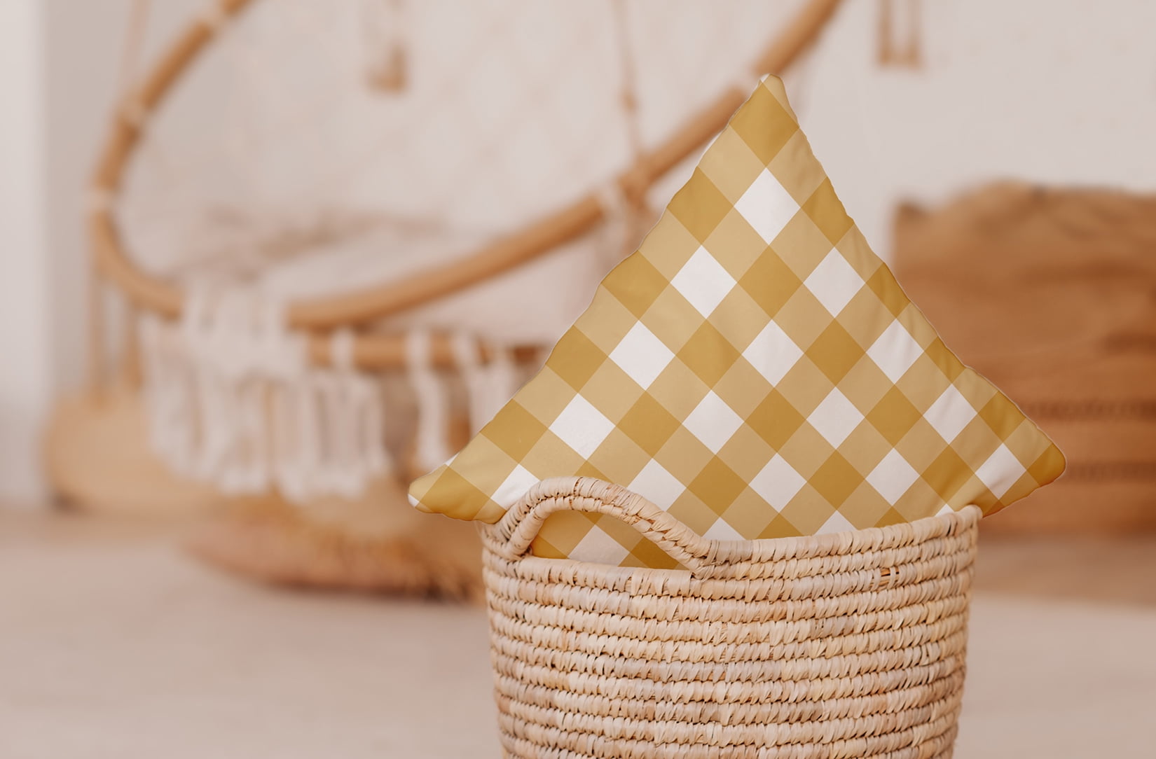 16" x 16" Simply Daisy Gingham Plaid Polyester Indoor/Outdoor Pillow, Golden Mustard Qty 1