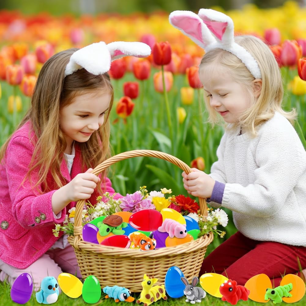 Prefilled Easter Eggs Set, 24 Count Plastic Eggs With 3D Printed Animal Toys, Basket Stuffers For Kids, Classroom Prizes, Party Favors, Assorted Colors
