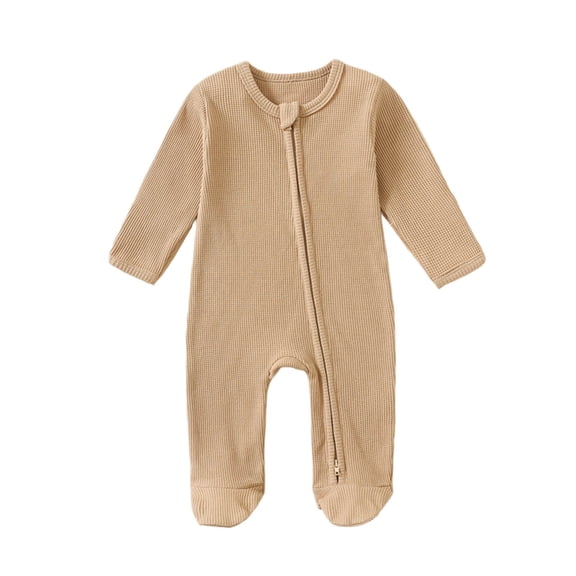 LIIPEE Girls Boys Onesie Solid Color Long Sleeve Round Neck Zip Up Jumpsuit Toddler Lovely Daily One-Pieces,Khaki,9-12 Months