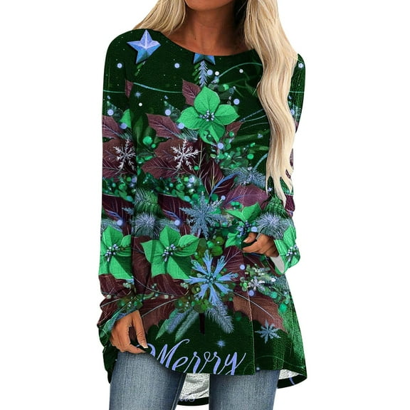 Christmas Tops for Women Plus Size Xmas Tree Printed Blouse Shirts Womens Long Sleeve Pleated Tunic Top Christmas Sweatshirt Casual Cotton Holiday Womens Tops 01-Green XXL