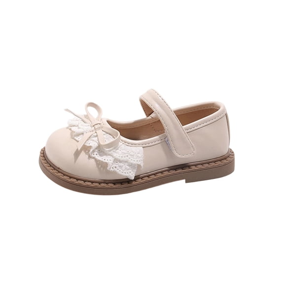 Xfvqtps Girls Mary Janes Lace Bow Soft Sole Hook and Loop Strap Princess Flats Leather Spring Summer Casual Dressy Comfortable Shoes