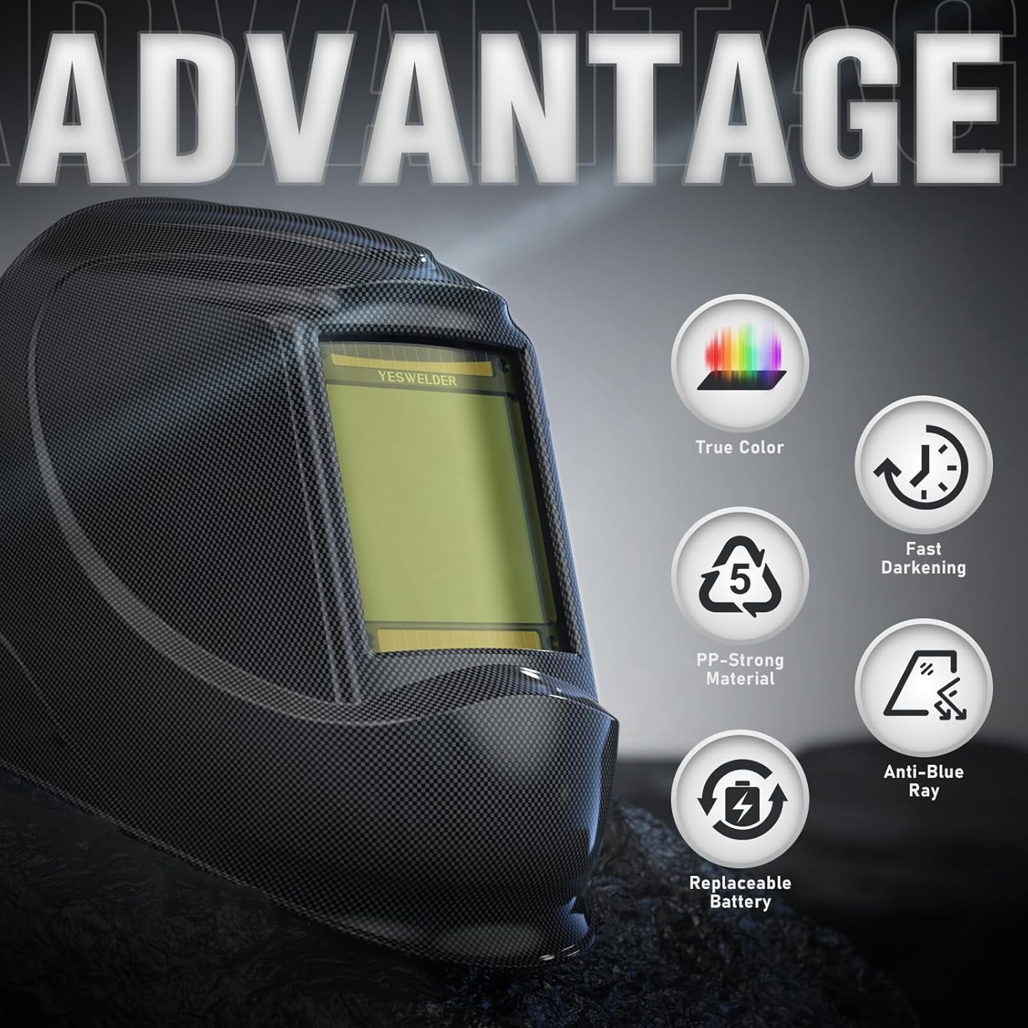 YESWELDER Auto Darkening Welding Helmet, True Color, 3.94" x 3.66" Large View, Battery Powered, 4 Arc Sensors for TIG, MIG, Stick, Grinding & Cutting