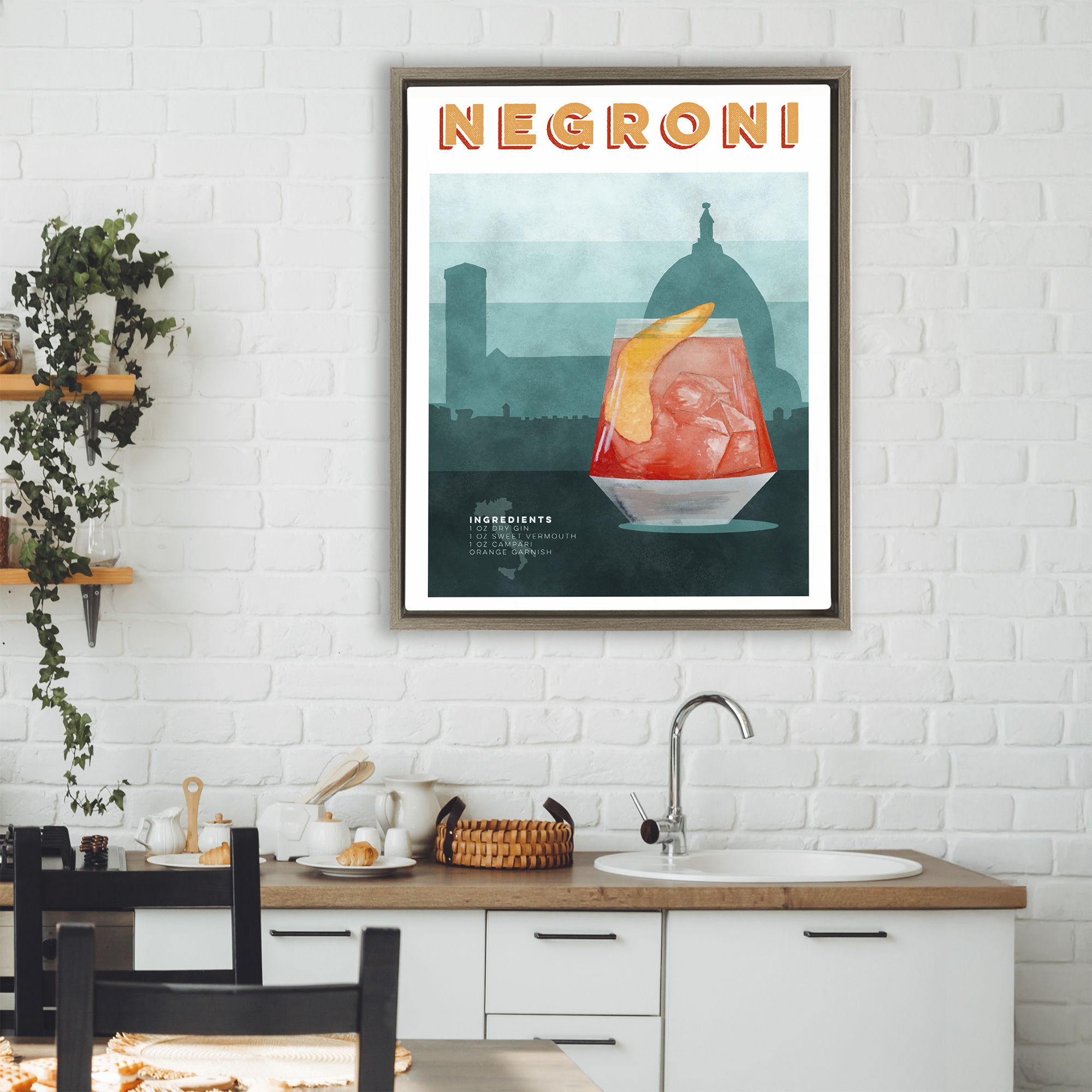 Retro Negroni & Architecture Brown Framed Floater Canvas Wall Art, design by Brett Blumenthal