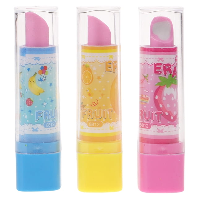 EeaseCA 3pcs Lipstick Shape Eraser Creative Stationery Fruit Pattern Pencil Eraser Creative Gift for Kids Students (Random Color)