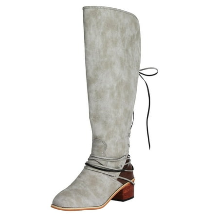 

Winter Savings Clearance Deals 2022! Juebong Women Boots Retro Shoes Casual Thick Low-heeled Boots Plus Size Mid Calf Lace Up Boots