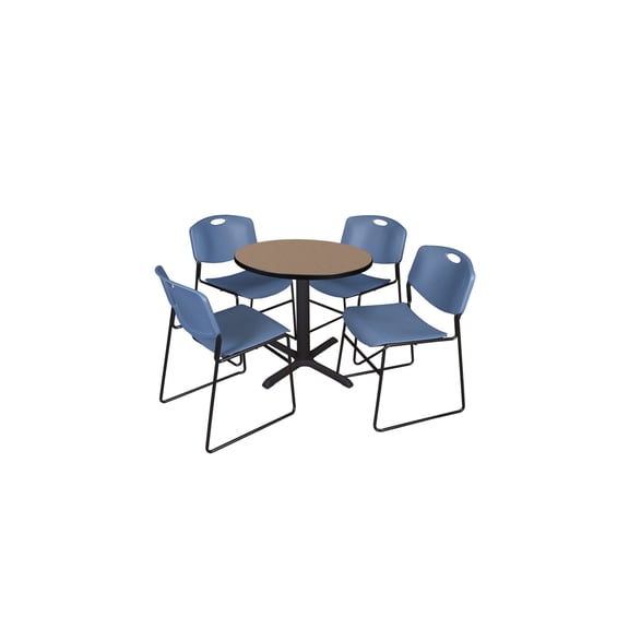 Regency Cain 30 in. Round Breakroom Table- Noble Oak & 4 Zeng Stack Chairs- Blue