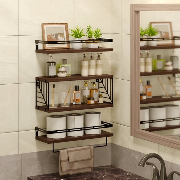 Fairy 4pcs Bathroom Floating Shelves Over Toilet, Wall Shelves with Towel Bar for Bathroom, Living Room (Dark Brown)