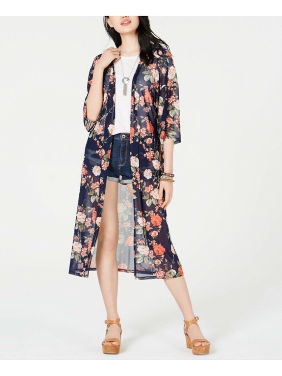 Womens Navy Sheer Floral Kimono Sleeve Duster Top Juniors XL