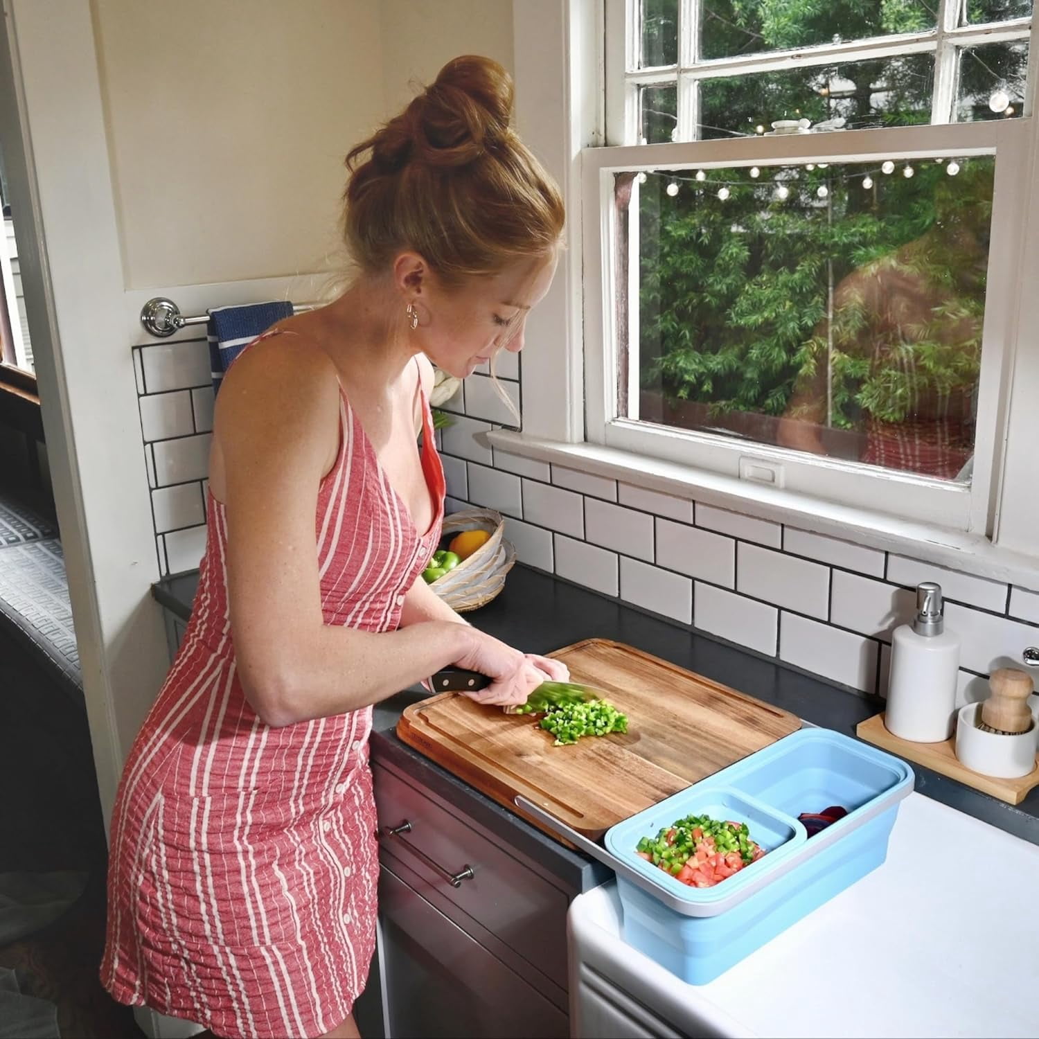 TidyBoard Meal Prep System - Acacia Cutting Board - The Quick & Easy Meal Prep Solution, Teal