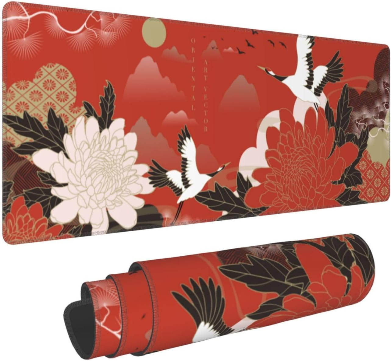 Japanese Crane Birds Mouse Pad, Waterproof Extended Large Gaming Mousepad Desktop, Big Long Non-Slip Mouse Mat for Laptop, Keyboard, Computer for Decor Office, (Red, 31.5 * 11.8 in)