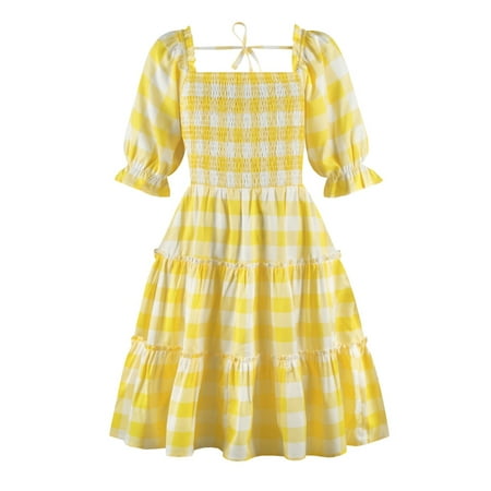 

nsendm Mommy And Dresses Matching Set Kids Baby Little Girls Summer Puff Sleeve Plaid Flower Dress Girl Wedding Yellow 11 Years