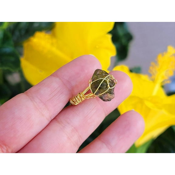 100% Natural Raw Moldavite Rings Wire Wrapped / Genuine Moldavite