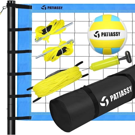 Patiassy 32FT Outdoor Portable Volleyball Net Set System for Backyard - Quick & Easy Setup Adjustable Height Steel Poles  PU Volleyball  Pump and Carrying Bag