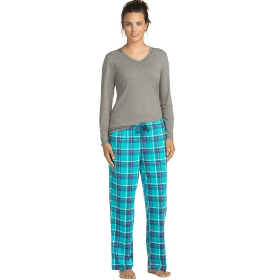 Hanes Womens Long Sleeve Tee/Pant Sleep Set, M, Charcoal/Teal Plaid