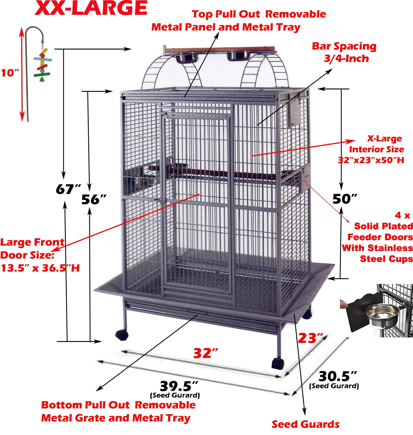 32"x23"x66"H, XX-LARGE Deluxe and Durable Wrought Iron Bird Parrot Open Play Top Perch Ladder Stand Rolling Cage With Seed Guards