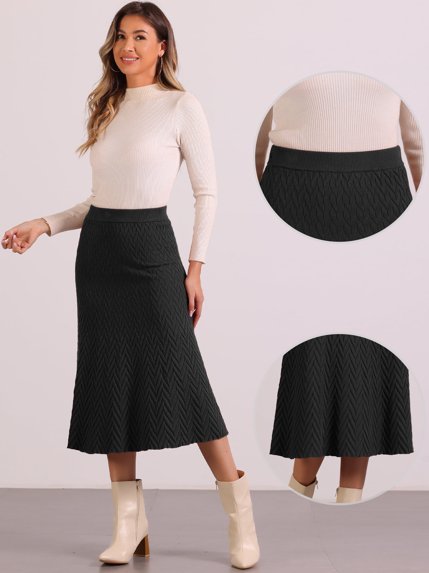 DARING DIVA Women's High Waist Fall Stretchy Fishtail Cable Knit Midi Skirts M Black
