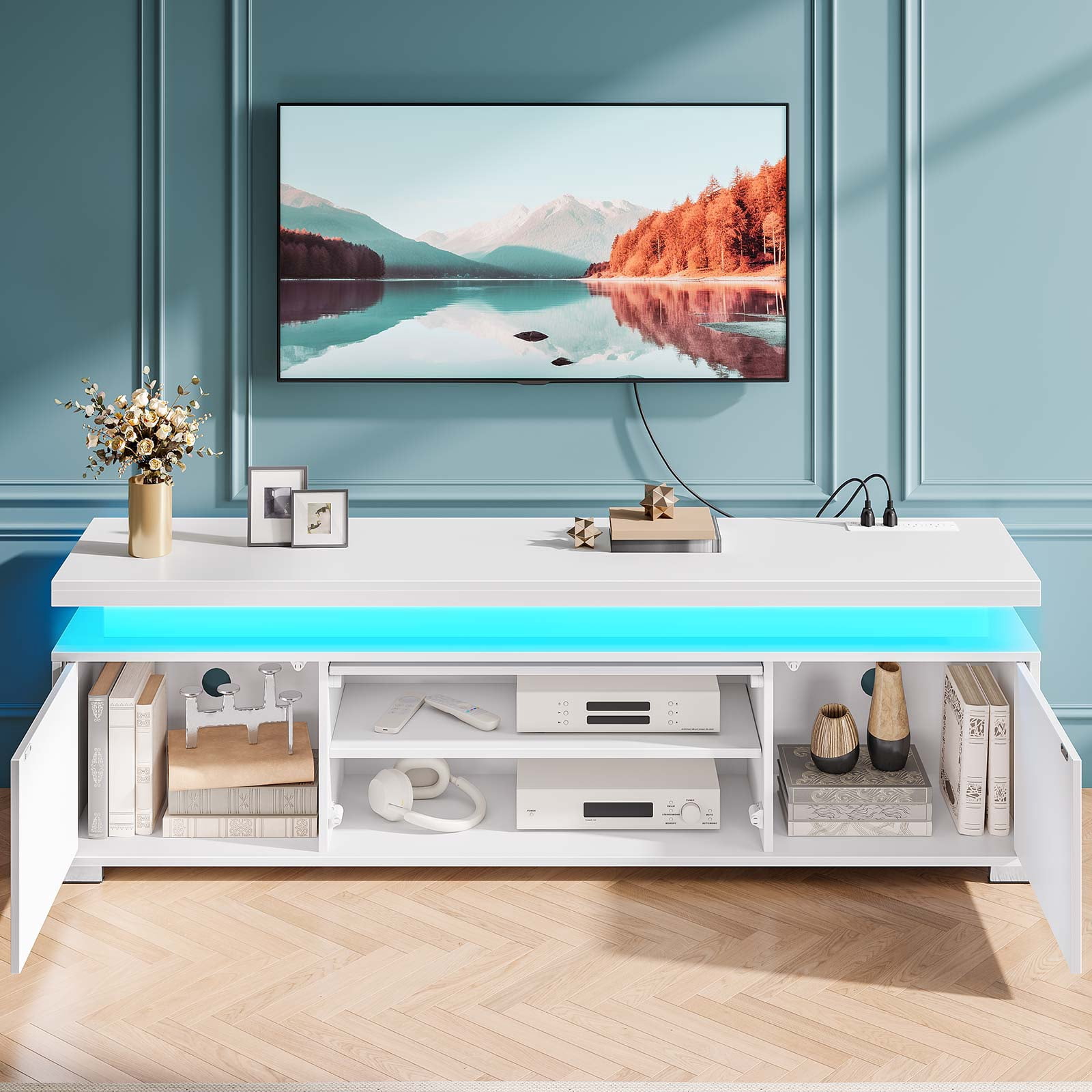 Greenstell 59" TV Stand for TVs up to 65", Gaming Entertainment Center with LED Lights & Power Outlet, White