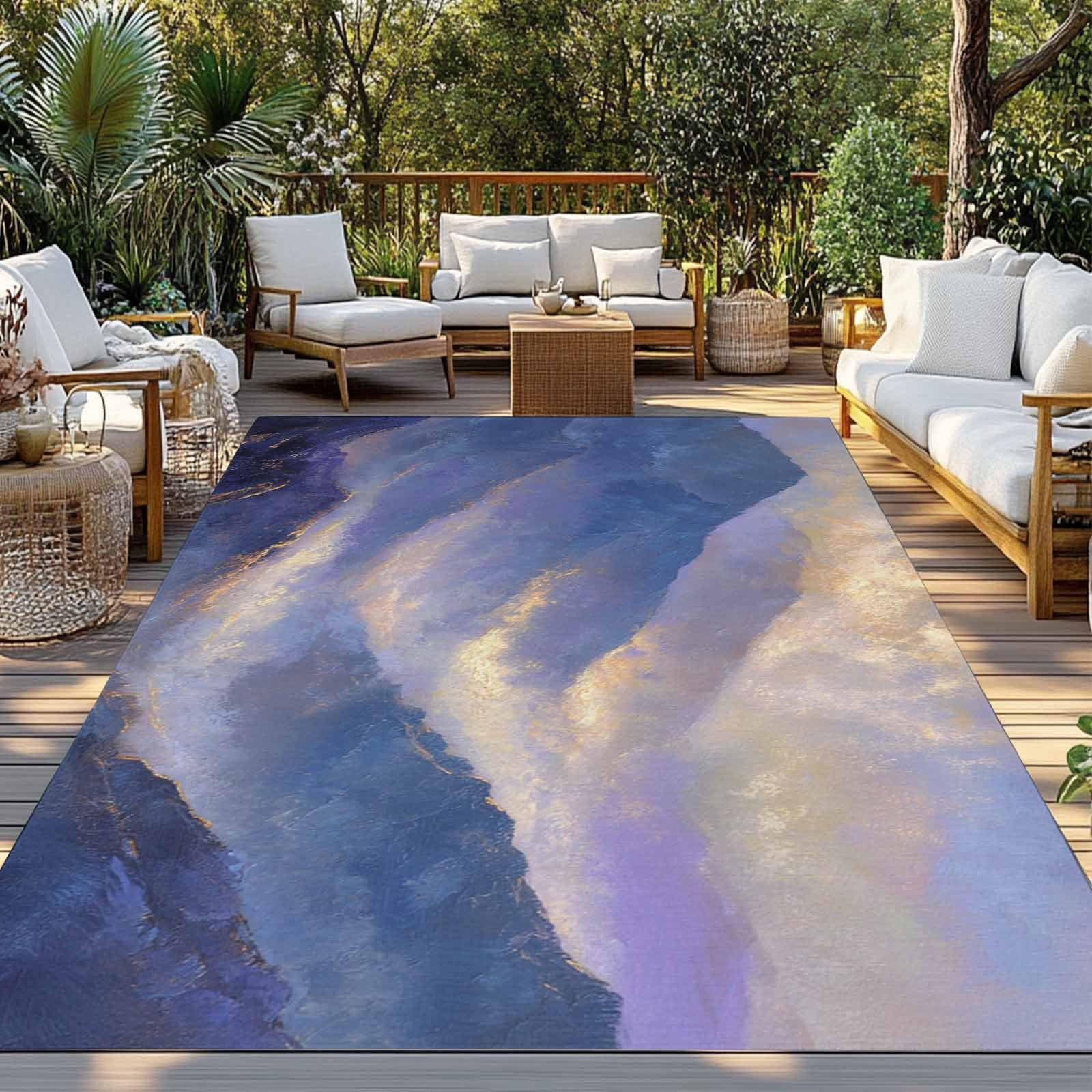 Purple Mountain Forest Outdoor Rug for Patio/Deck/Porch, Non-Slip Large Area Rug 5 x 8 Ft, Modern Abstract Art Oil Painting Indoor Outdoor Rugs Washable Area Rugs, Camping Rug Carpet Runner