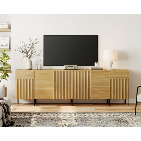 94.5" Modern Reeded Dresser TV Stand for TVs up to 100 Inch, Entertainment Center with Charging Station, Wooden TV Console with Storage for Living Room
