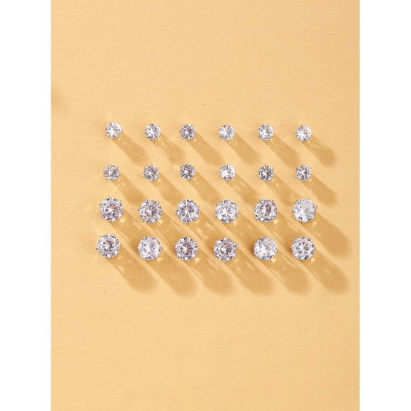 12 Pairs Silver Tone Cubic Zirconia Stud Earrings Set