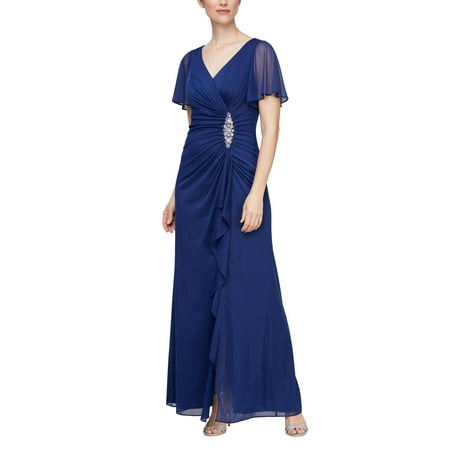 Alex Evenings Long Dress with Hip Embellishment and Flutter Sleeves (Womens, Electric Blue, 10)