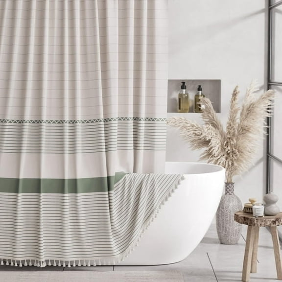 AUQ Boho Shower Curtains for Bathroom,Farmhouse Shower Curtain with Tassels,Faux Linen Shower Curtain Beige,Striped Shower Curtain with Hooks,Green,72X72 Inches