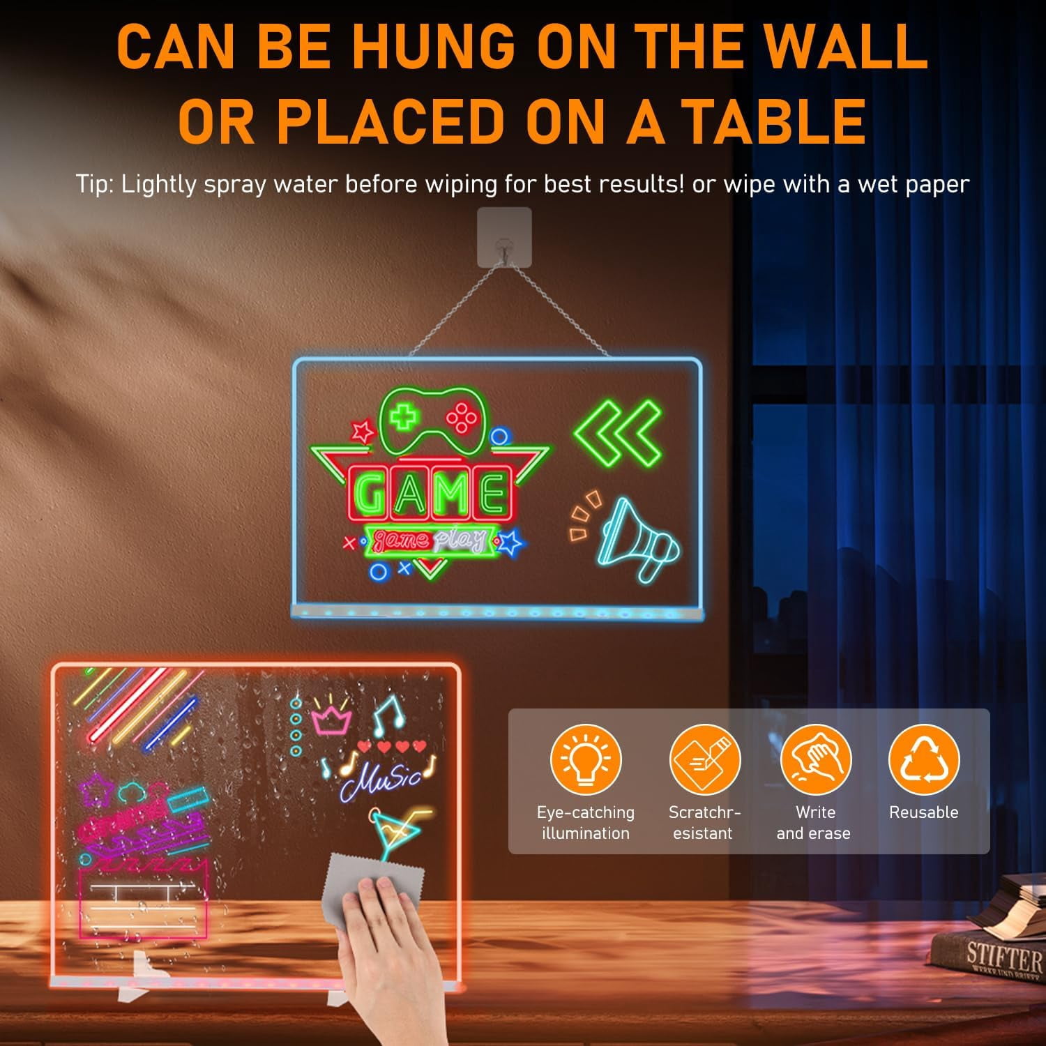 Acrylic LED Message Board, 13.8x10 Inch Light Up Drawing Board with 7 Colors & 4 Modes, Rewritable Dry Erase Board for Home Office School Use