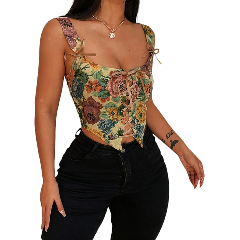 wybzd Women Floral Bustier Crop Top Spaghetti Strap Embroidered Tank Top Corset  Bra Tops Green S 