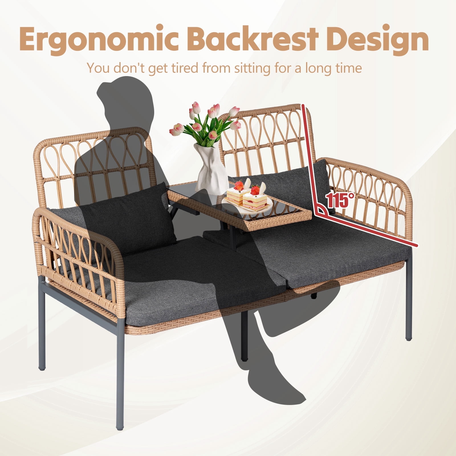 Tappio Outdoor Rattan Loveseat, Patio Rattan Conversation Set Seat Sofa Cushioned Loveseat Table Chairs with Built-in Coffee Table, Gray
