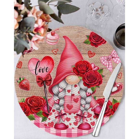 15 Inch Round Placemats Set of 4, Valentine's Day Non Slip Heat Insulation PP Table Mats, Gnomes Roses Loves Romantic Plaid Wood Washable Place Mats for Kitchen Dining Party Table Decor