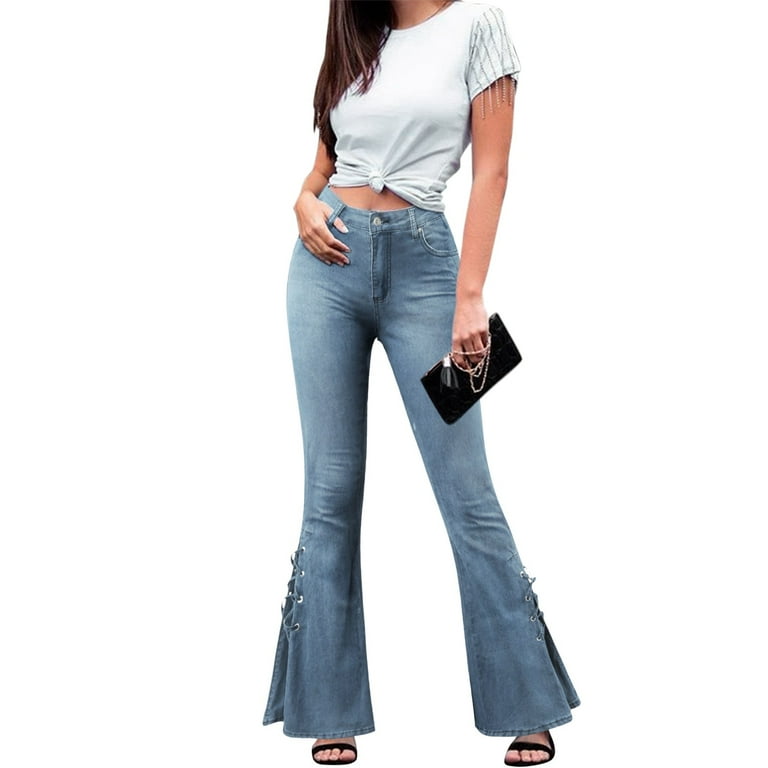 Lisingtool Women's Mid-Waist Lace-Up Denim Trousers with Lisingtool Women's Mid-Waist Lace-Up Denim Trousers with