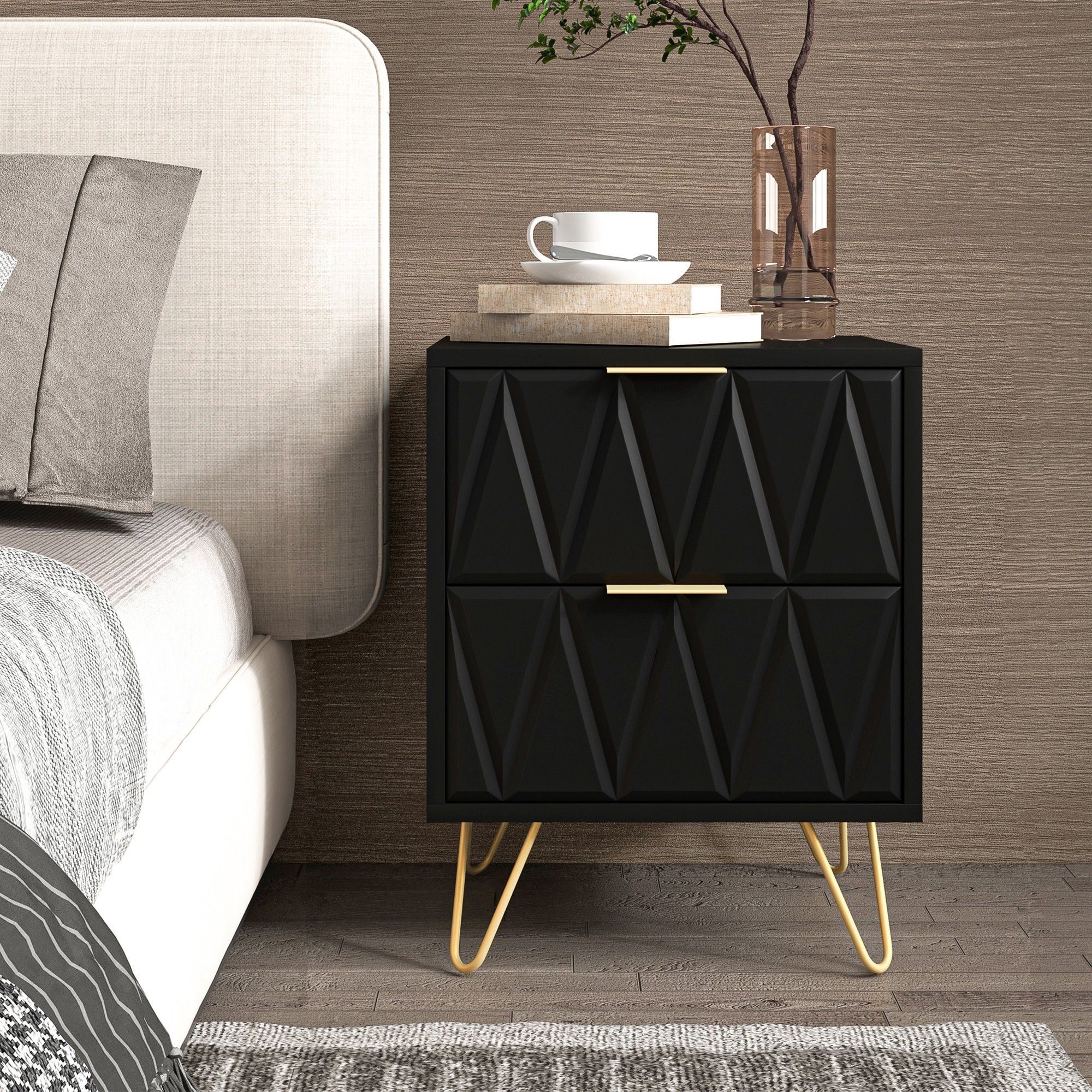 Finihen 21" Tall Nightstand with 2 Drawers, End Table Dual Night Stand with Metal Legs for Bedroom Living Room, Black Finihen 21" Tall Nightstand with 2 Drawers, End Table Dual Night Stand with Metal Legs for Bedroom Living Room, Black