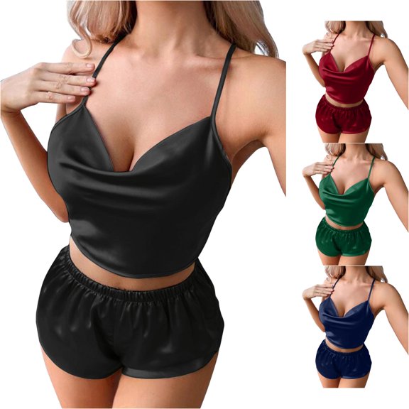 SONXAHE Women Satin Cowl Cami Short Pajama Sets Sleeveless Sleep Sets